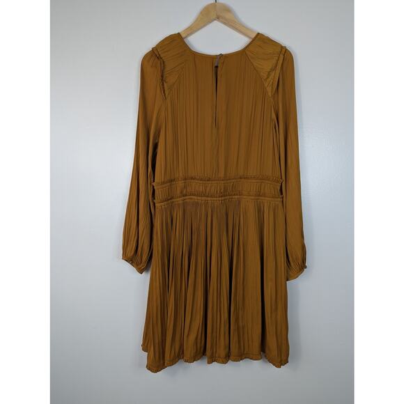 Maeve Anthropologie Saniya Pleated Long Sleeve Mini Dress in Gold - Picture 10 of 11